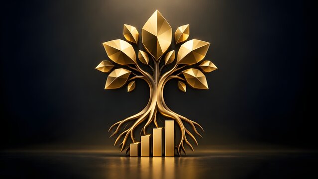 Elegant 3D golden tree with roots growing into ascending financial bar chart on dark background