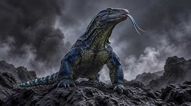 Dramatic macro shot of a Komodo dragon with unique blue and yellow scales standing on volcanic rocks under a smoky, dark sky with its forked blue tongue flicking out.