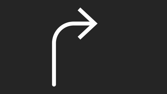 White arrow curves right on dark background. Simple, clean line design shows direction. Ideal for navigation or guidance visuals. Minimalist style fits many digital interfaces
