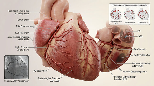 3D Photorealistic Complete Human Right Coronary Artery Anatomy with RCA Acute Marginal and Posterior Descending