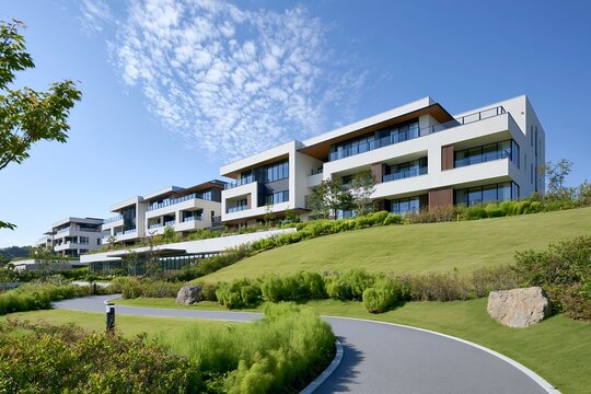 晴天の青空と豊かな緑が広がる丘に建つモダン高級住宅