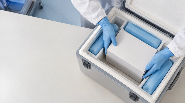 Scientist packing medical samples in a cooler with ice packs for transport