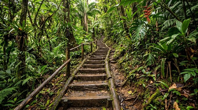 Wooden stairs path winding through lush tropical rainforest jungle