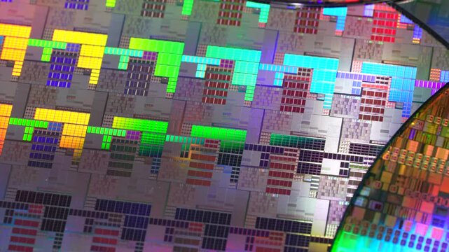 High-tech Macro Photography of a Colorful Silicon Wafer with Microchip Patterns for AI Hardware and Semiconductor Industry Concept.