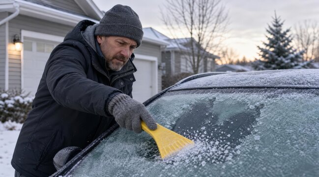 Commuter scraping thick ice and frost from a car windshield