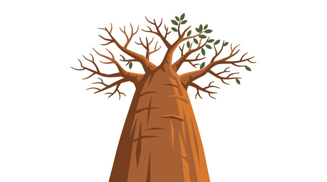 Stylized vector illustration of a thick baobab tree with a massive brown trunk and bare branches featuring a few green leaves, isolated on a white background in a flat art style.