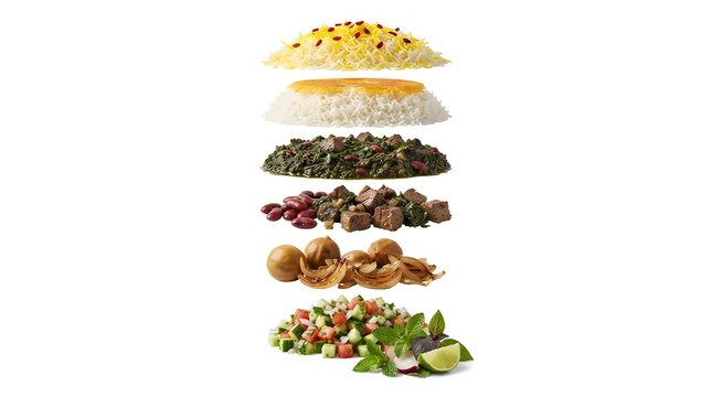 Exploded View of Traditional Persian Ghormeh Sabzi Stew Ingredients with Saffron Rice and Shirazi Salad Isolated on White Background
