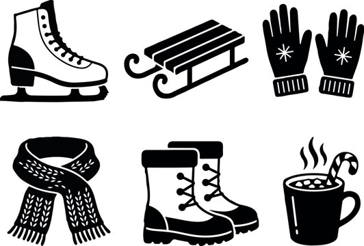 Set of Winter Boots and Sports Footwear Vector Illustration with Skates, Sneakers, Ice Skating Shoes and Stylish Boot Designs for Fashion and Outdoor Activities