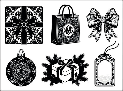 Christmas Elements and Icons Vector Set, Festive Holiday Decorations with Gifts, Ornaments, Snowflakes, Stars, Ribbons and Christmas Tree Symbols for Cards and Seasonal Design
