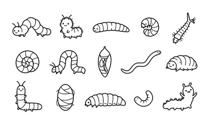 Fototapeta premium Cute Larva and Caterpillar Insect Outline Icon Set Vector Illustration