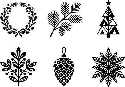 Minimalist Christmas icons set, black winter holiday vector elements, 6 festive nature silhouettes