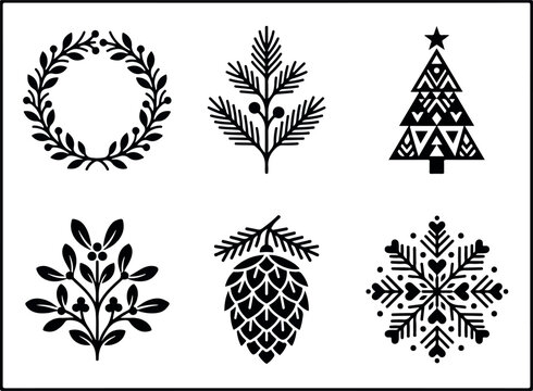 Minimalist Christmas icons set, black winter nature symbols, 6 holiday vector elements