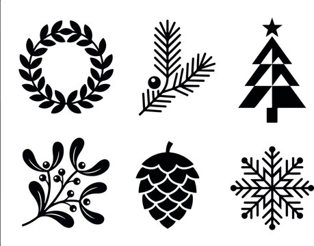 Minimalist Christmas icons set, black winter holiday vector symbols, geometric festive silhouettes