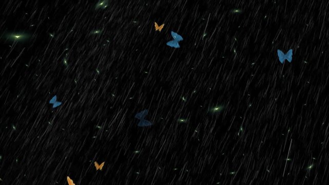 Blue and orange butterflies flying through heavy rain and glowing fireflies in dark night sky with glowing lights moving across wide panoramic view video dark scene butterflies precipitation nature