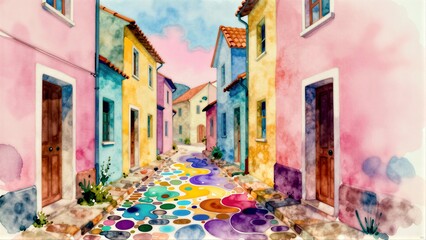 Obraz premium Colorful houses line a vibrant, watercolor-styled cobblestone street under soft skies.