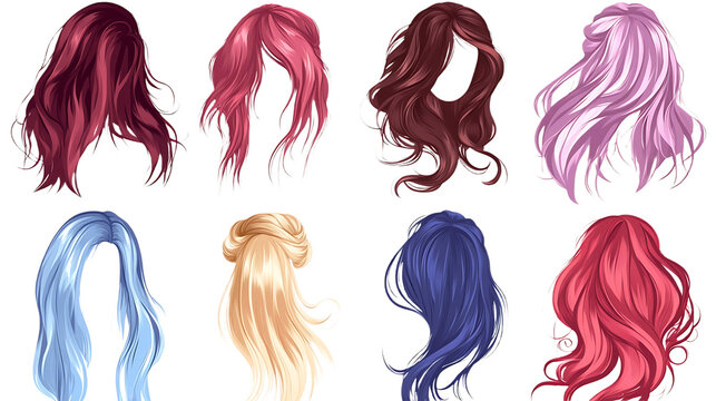 Collection of diverse hairstyles vector illustrations of long wavy and braided hair isolated on white backgrou