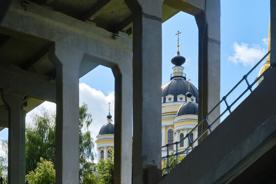 Rybinsk, Russia - August 21, 2026: The ancient Transfiguration Cathedral, View from under the bridge. 