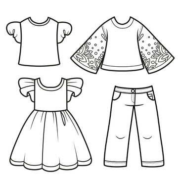 Beautiful casual clothes jeans, summer dress and blouses outline for coloring on a white background