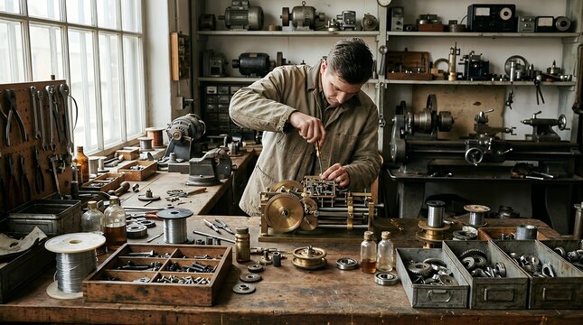 Skilled mechanical engineer working on a complex vintage brass gear mechanism in a professional workshop filled with industrial tools, precision machinery, and traditional craftsmanship.