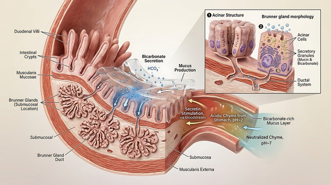 3D Photorealistic Complete Human Brunner Gland Anatomy with Duodenal Submucosa Bicarbonate Secretion and Protection