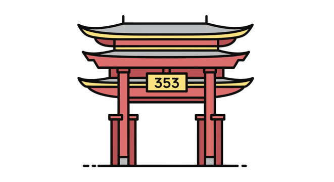 Traditional Japanese Torii Gate Illustration with Number 353 Sign, Red and Gold Asian Architecture