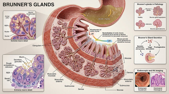 3D Photorealistic Complete Human Brunner Gland Anatomy with Duodenal Submucosa Bicarbonate Secretion and Protection