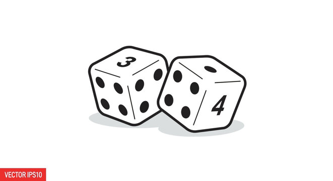 Two white dice showing numbers three and four on a white background, vector illustration