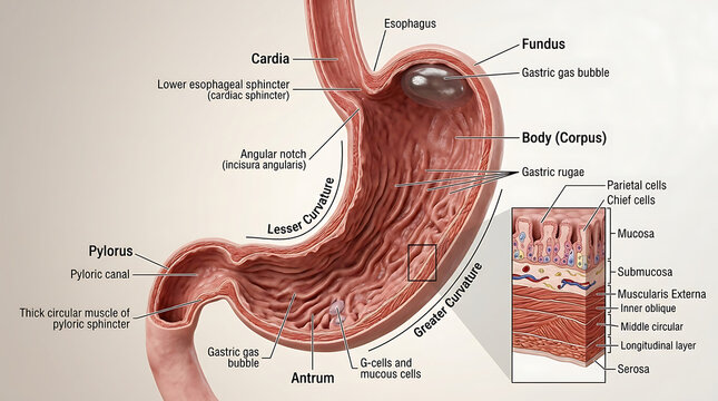 3D Photorealistic Complete Human Gastric Anatomy with Cardia Fundus Body Antrum Pylorus Curvatures and Rugae