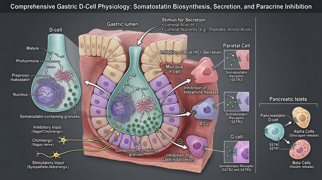 3D Photorealistic Complete Human Gastric D-cell Anatomy with Somatostatin Biosynthesis Secretion and Paracrine Inhibition
