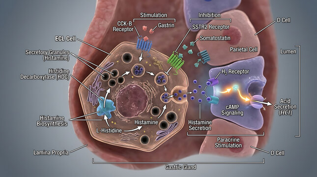 3D Photorealistic Complete Human Gastric ECL Cell Anatomy with Histamine Biosynthesis Secretion and H2 Receptor Stimulation