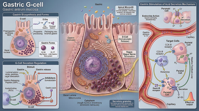 3D Photorealistic Complete Human Gastric G-cell Anatomy with Gastrin Biosynthesis Secretion and Acid Regulation