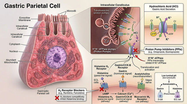 3D Photorealistic Complete Human Gastric Parietal Cell Anatomy with Acid Secretion Intracellular Canaliculi and Pharmacology