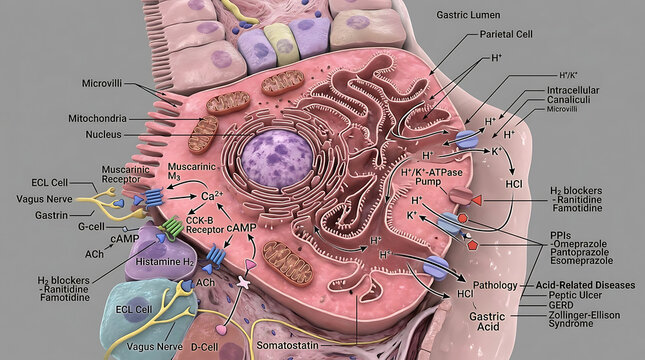 3D Photorealistic Complete Human Gastric Parietal Cell Anatomy with Acid Secretion Intracellular Canaliculi and Pharmacology
