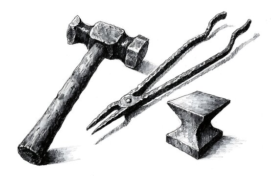 Blacksmith tools including hammer, tongs, and anvil on wooden handle