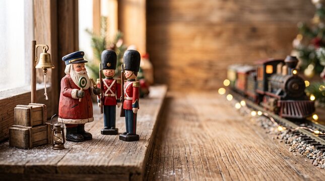 Wooden Santa Claus and toy soldier figurines on a rustic window sill with a miniature train set