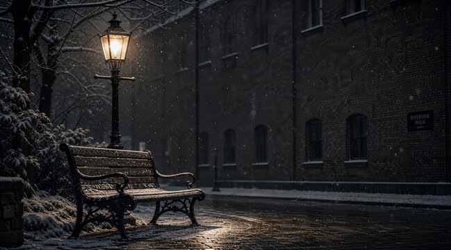 Wooden park bench in winter snow under streetlamp