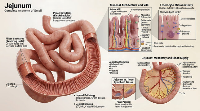 3D Photorealistic Complete Human Jejunal Anatomy with Villi Plicae Circulares Crypts and Mesenteric Vascular Supply
