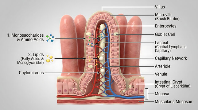 3D Photorealistic Complete Human Intestinal Villus Anatomy with Enterocytes Microvilli Goblet Cells and Lacteals