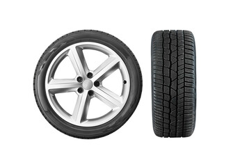 Fototapeta premium Car tires, isolated against a transparent background, shown from various angles - front and side views.