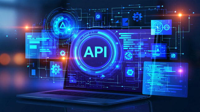 A glowing digital API interface emerges from a modern laptop screen. Perfect for software development, cloud computing, and IT technology concept banners.