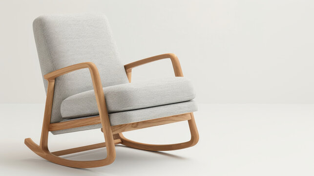 A luxury minimal rocking chair with a sleek wooden frame and light grey upholstery, photographed on a clean white background, perfect for modern interiors and understated sophistication in home decor.