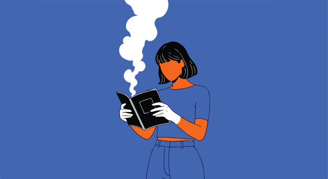 Woman reading book with smoke or thought clouds rising from it