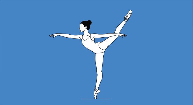 Minimalist white ballerina in pose against blue