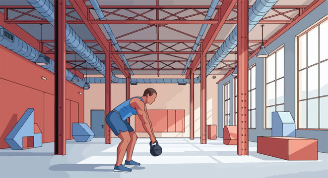 Man lifting kettlebell in industrial gym