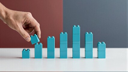 Obraz premium Hand places blue blocks, forming a growing bar graph against red and gray background.