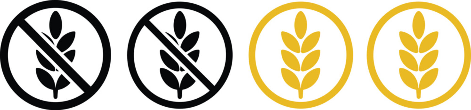 Wheat, and gluten free icons, grain allergy and dietary restriction symbols for food labeling, nutrition, packaging, health information, and special diets