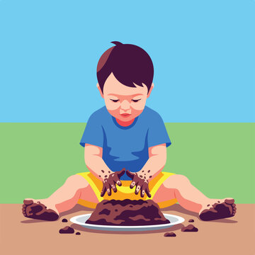 A child plays with mud on a plate