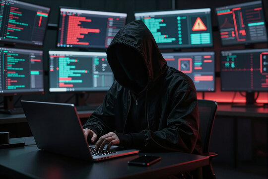 A mysterious hacker wearing a black hoodie, face completely hidden in shadow. Standing in front of a wall of multiple computer monitors displaying complex code, data graphs, and red warning alerts.	