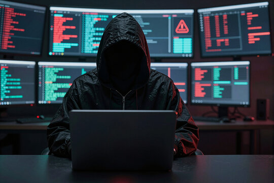 A mysterious hacker wearing a black hoodie, face completely hidden in shadow. Standing in front of a wall of multiple computer monitors displaying complex code, data graphs, and red warning alerts.	