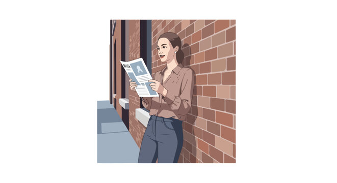 Woman reading newspaper against brick wall